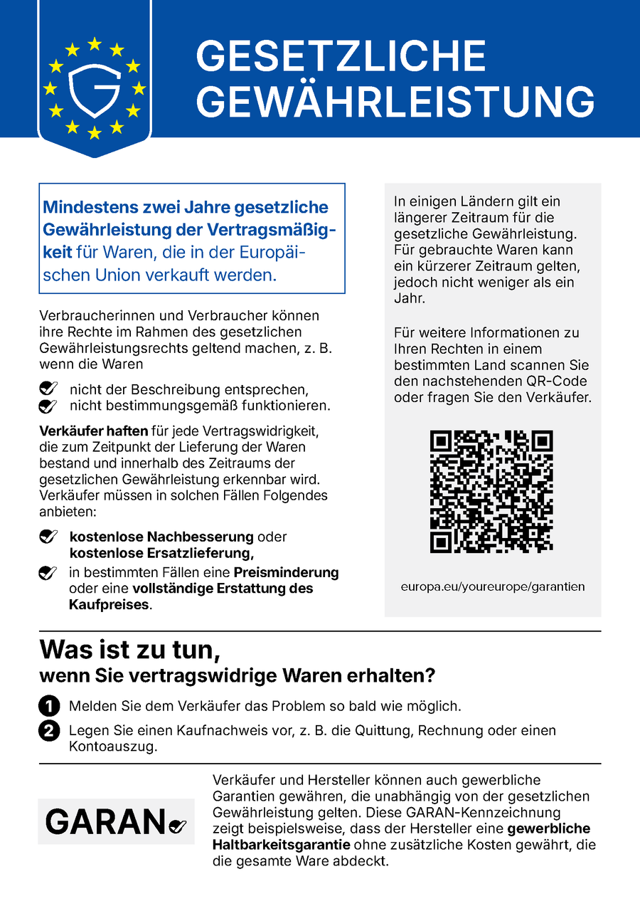 EU-Hinweis zur gesetzlichen Gewährleistung (harmonisierte Mitteilung nach Verordnung (EU) 2025/1960). Zum Vergrößern antippen.