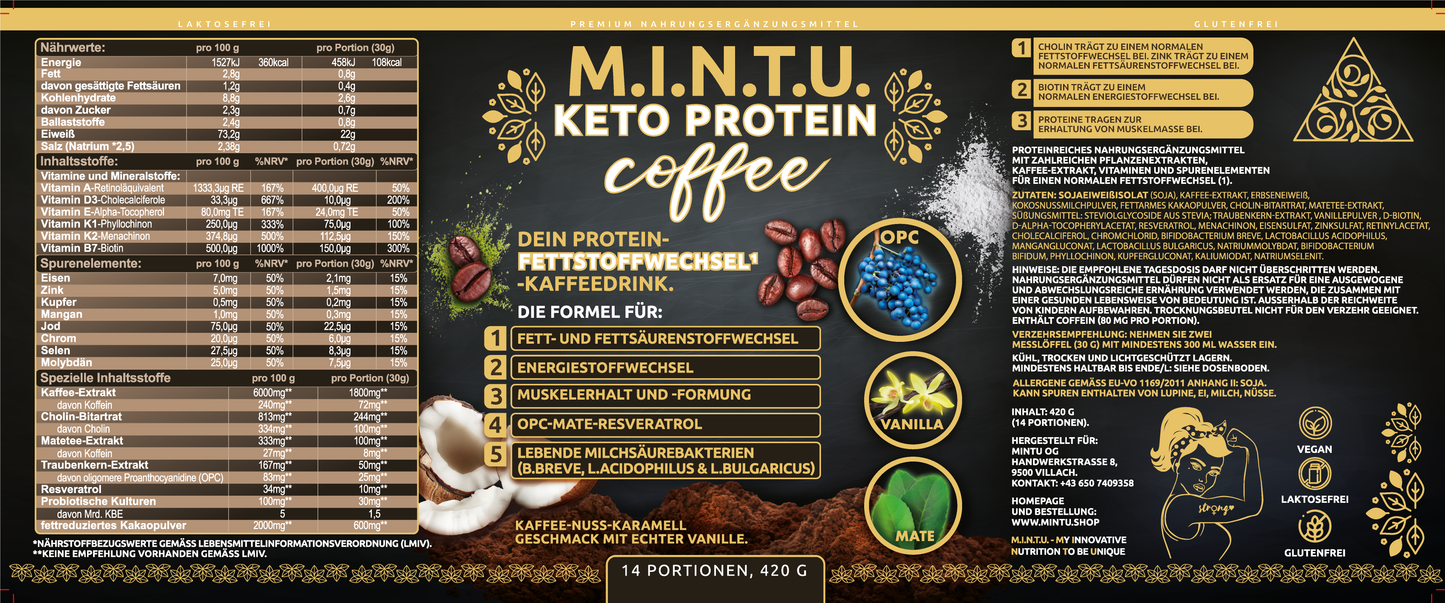 Nährwertangaben und Inhaltsstoffe des M.I.N.T.U. Protein-Kaffees auf dem Produktetikett
