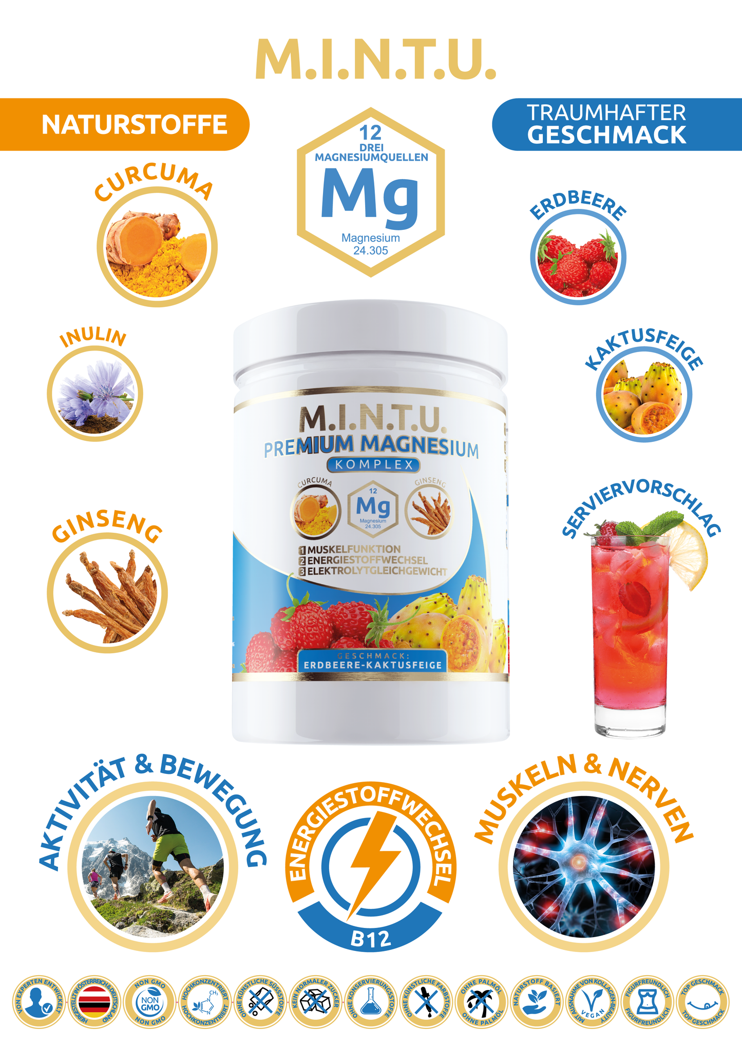 M.I.N.T.U. Premium Sport Magnesium Erdbeere-Kaktusfeige | 2 Monate