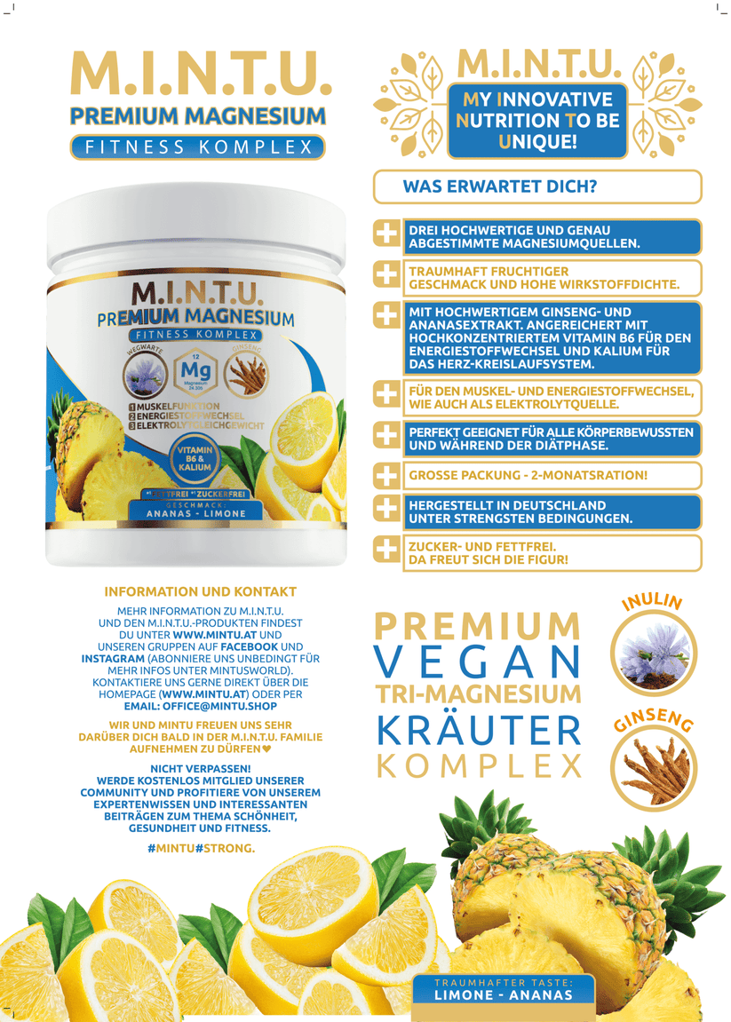MINTU Premium Fitness Magnesium Zitrone-Ananas zuckerfrei, 3-er Pack (180 Tage) - MINTU Shop