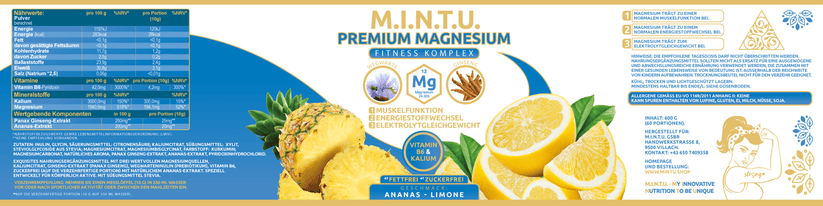 MINTU Premium Fitness Magnesium Zitrone-Ananas zuckerfrei, 3-er Pack (180 Tage) - MINTU Shop