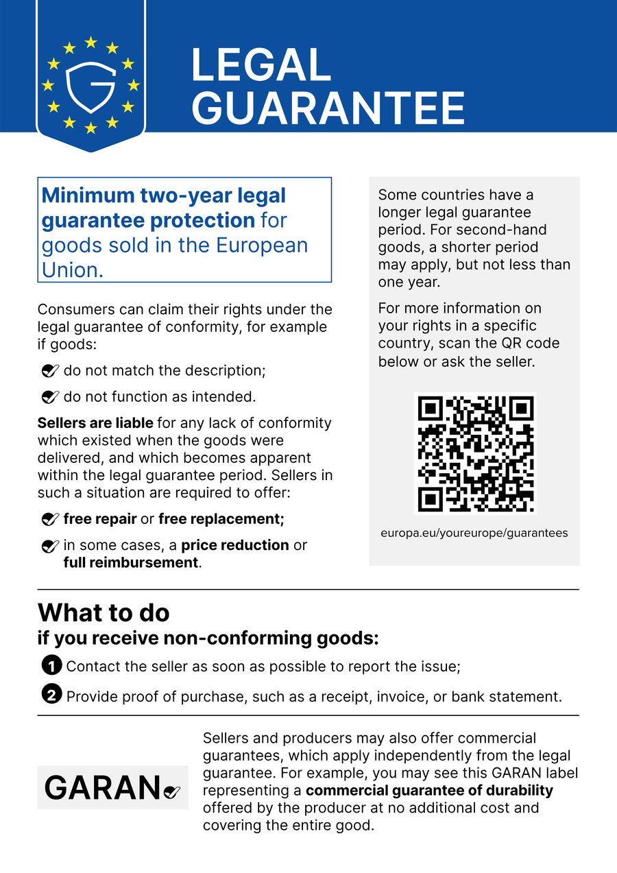 EU notice on the legal guarantee of conformity (harmonised notice under Regulation (EU) 2025/1960). Tap to enlarge.