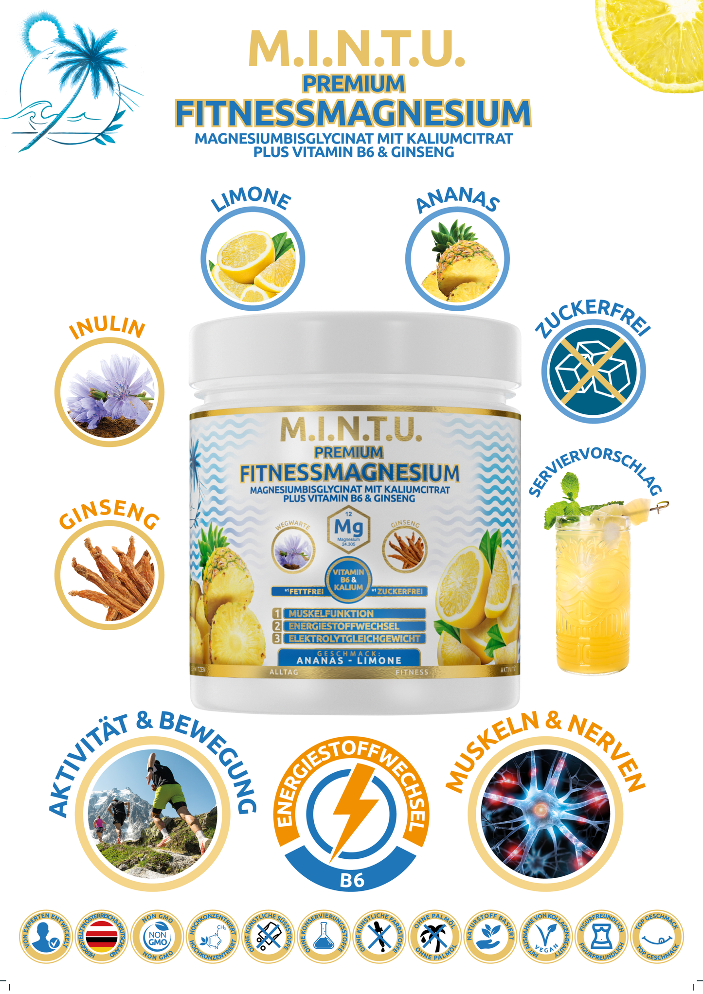 Magnesiumbisglycinat mit Ginseng, Inulin, Zitrone und Ananas von MINTU