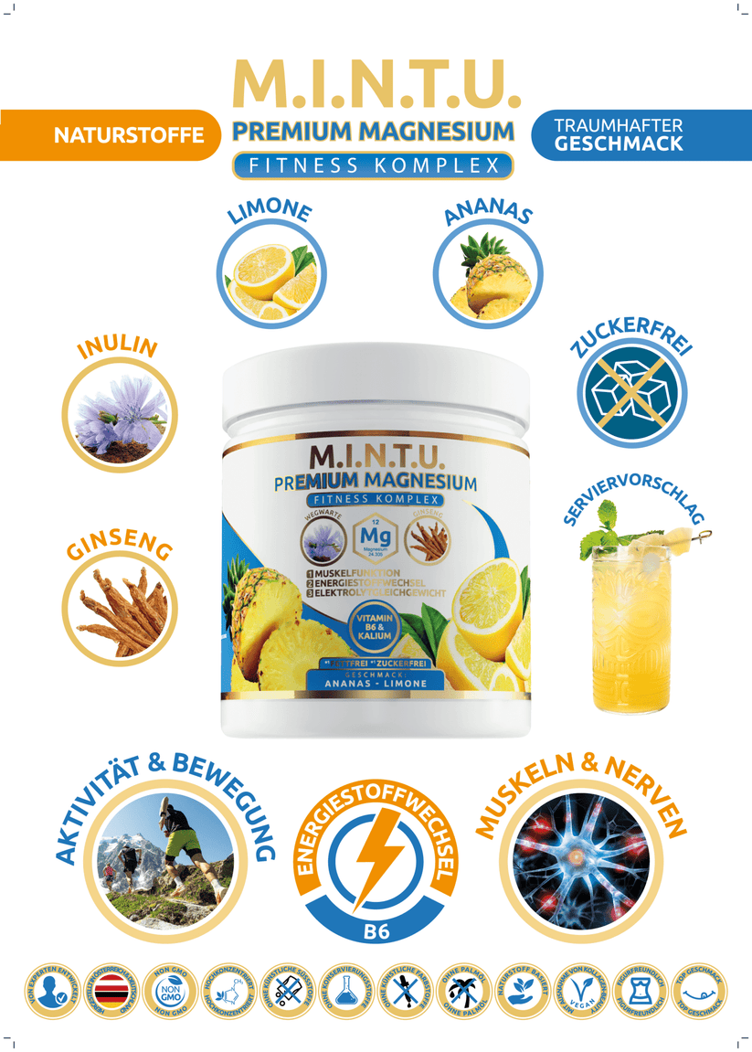 MINTU Premium Fitness Magnesium Zitrone-Ananas zuckerfrei, 3-er Pack (180 Tage) - MINTU Shop