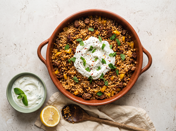 Bulgurpfanne mit Faschiertem und Minz-Joghurt