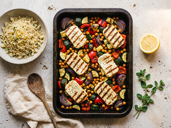 Ofenblech mit Halloumi, Kichererbsen und Couscous