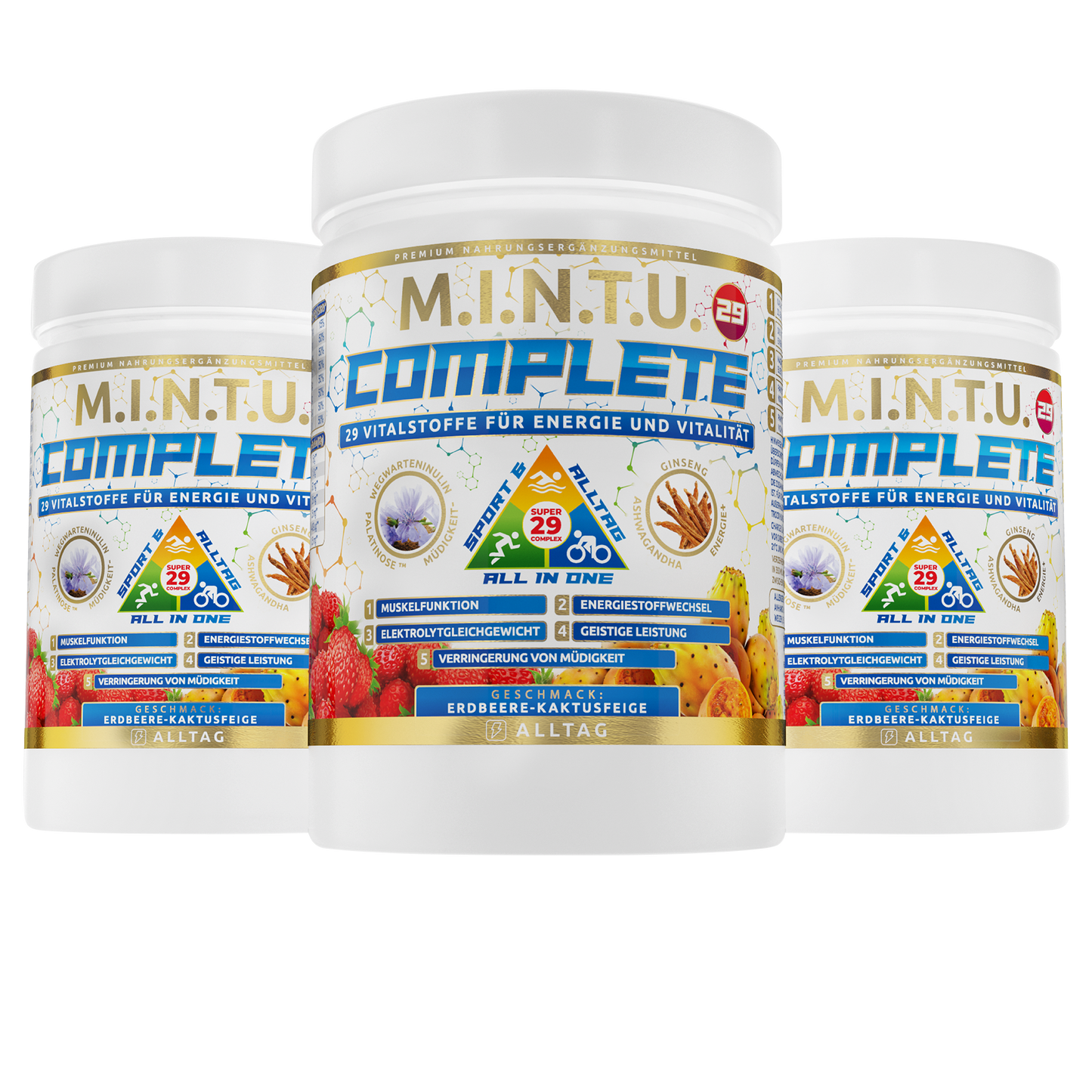 MINTU Complete All-in-One Erdbeere-Kaktusfeige – 3er-Pack mit 29 Vitalstoffen für Energie und Vitalität