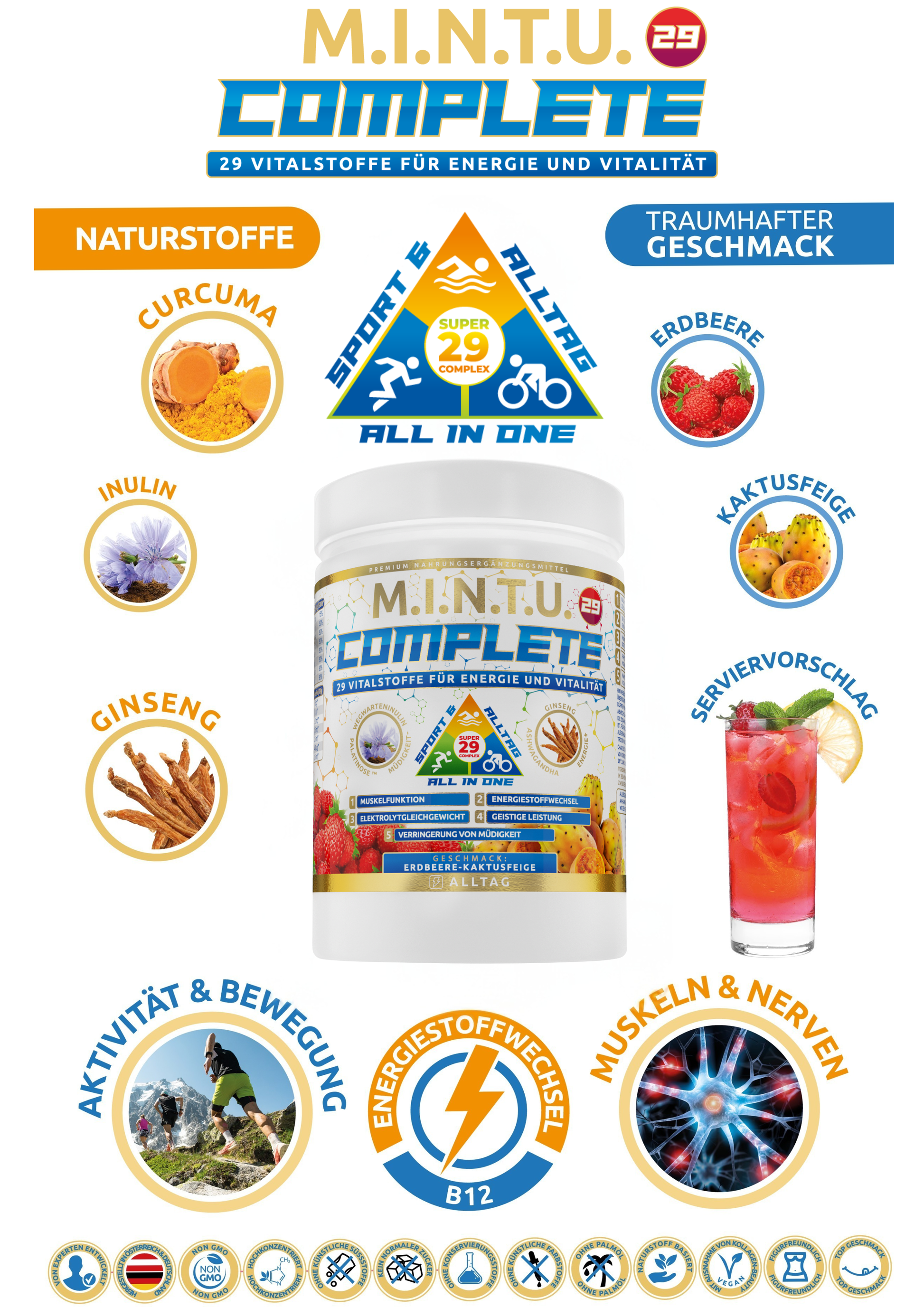 MINTU Complete All-in-One Erdbeere-Kaktusfeige – Zutaten wie Ashwagandha, Ginseng, Inulin und Vitalstoff-Komplex