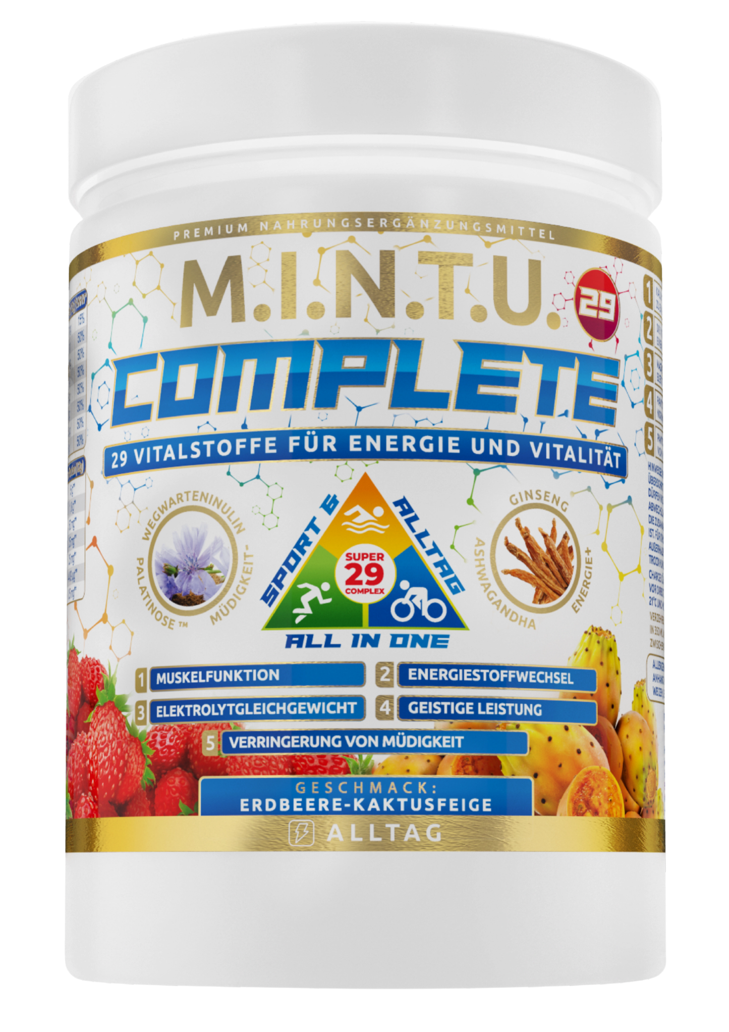 MINTU Complete All-in-One Erdbeere-Kaktusfeige – Nahrungsergänzung mit 29 Vitalstoffen, Ginseng, Ashwagandha und Inulin