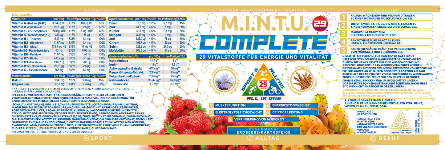 MINTU Complete All-in-One Erdbeere-Kaktusfeige – Nährwerttabelle und Vitalstoffübersicht mit 29 Mikronährstoffen