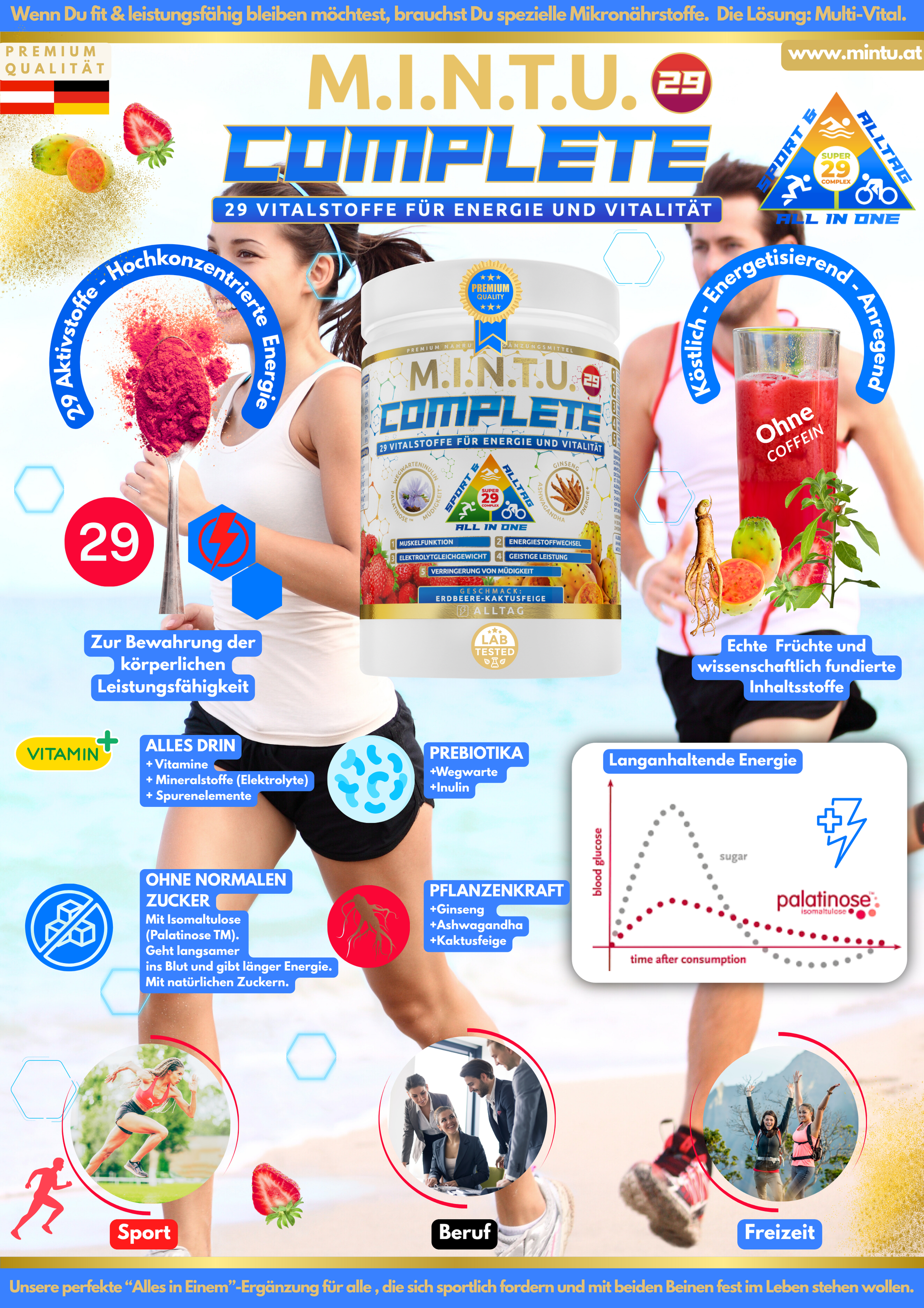 MINTU Complete All-in-One – Infografik mit Vorteilen wie Energie, Vitalität, 29 Vitalstoffen und Erdbeere-Kaktusfeige Geschmack
