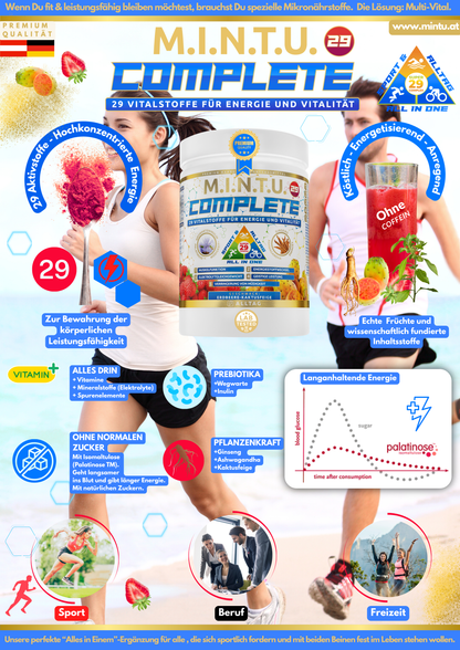 MINTU Complete All-in-One – Infografik mit Vorteilen wie Energie, Vitalität, 29 Vitalstoffen und Erdbeere-Kaktusfeige Geschmack