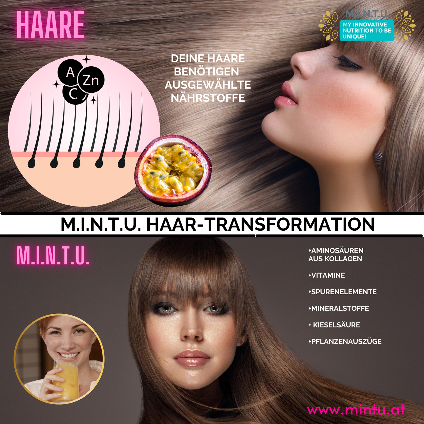 Grafik zur Haar-Transformation mit MINTU Kollagen Komplex, Aminosäuren, Zink und Vitamin C