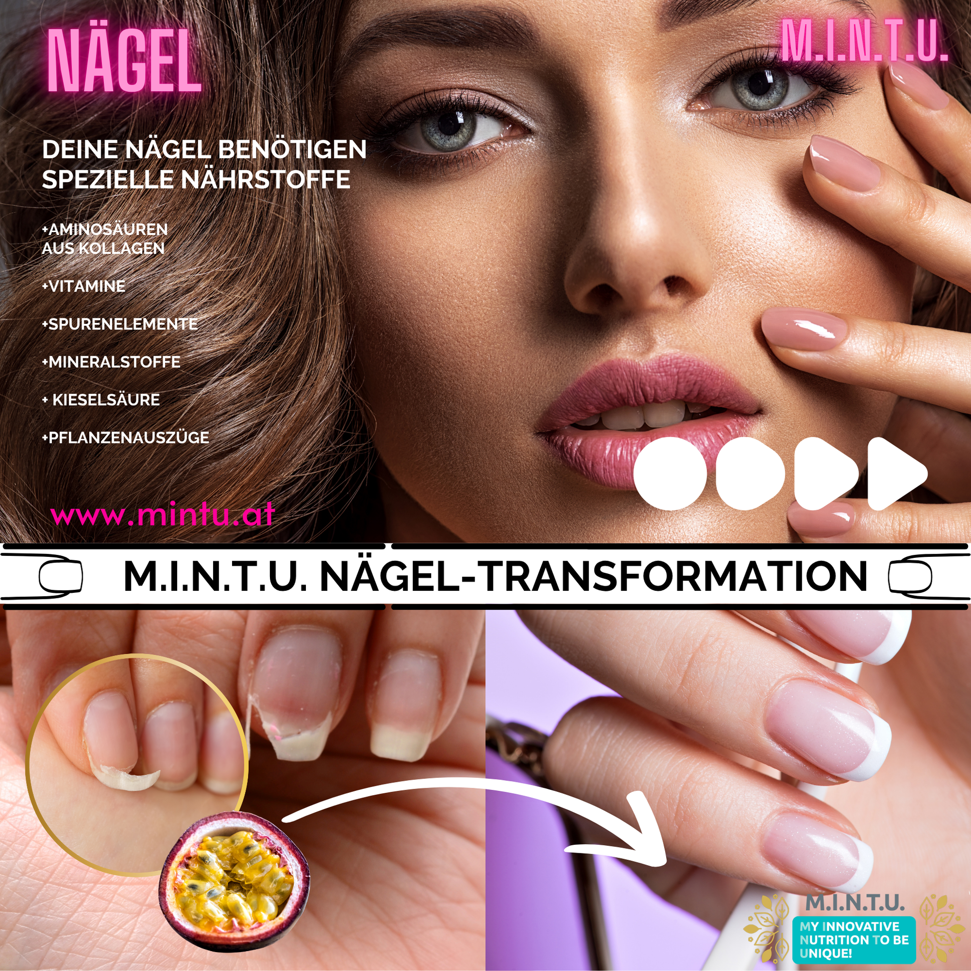 Grafik zur Nägel-Transformation mit MINTU Kollagen Komplex, Aminosäuren, Vitaminen, Spurenelementen und Kieselsäure