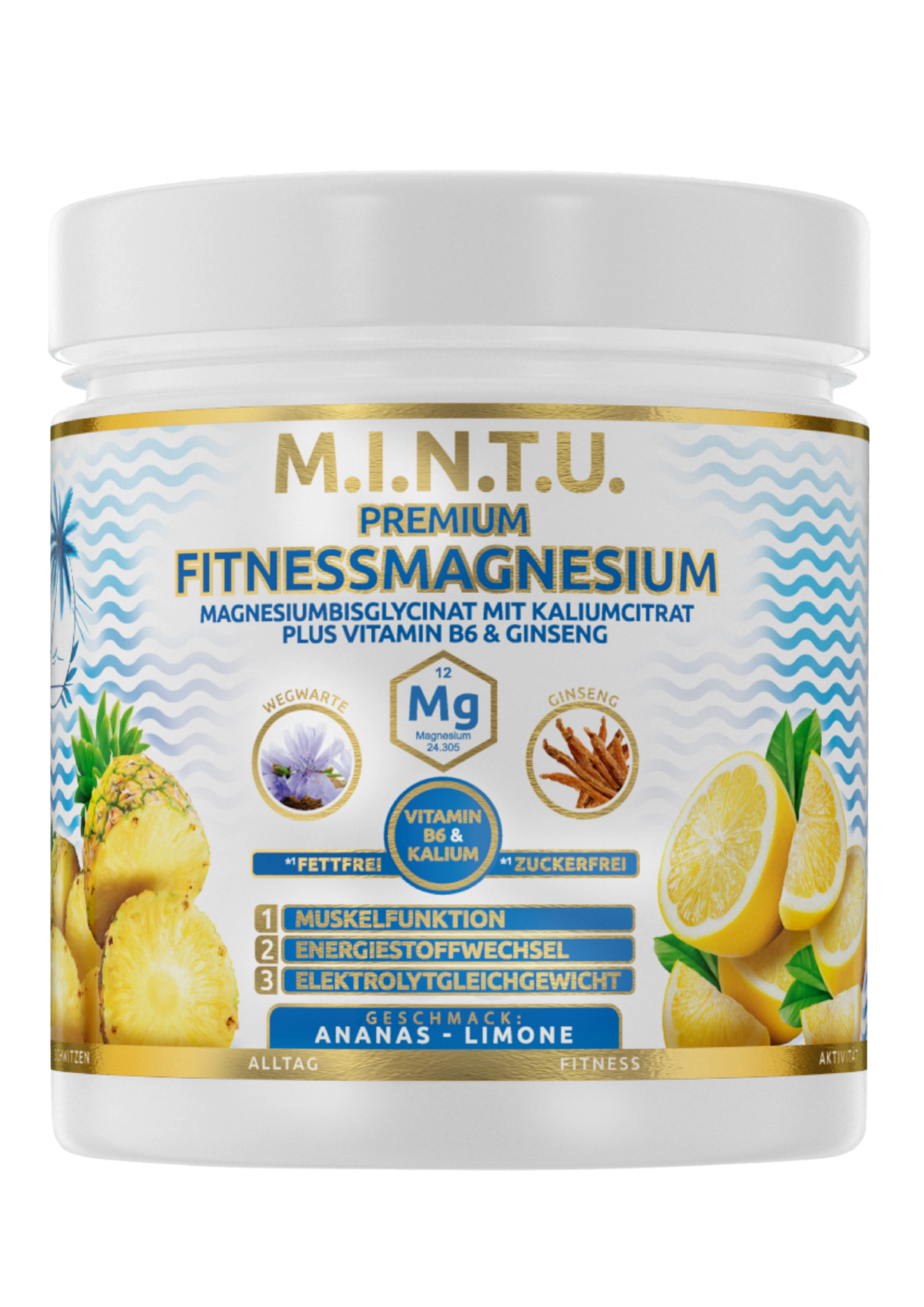 MINTU Premium Magnesium Ananas Limone – Fitnessmagnesium mit Vitamin B6, Kalium und Ginseng