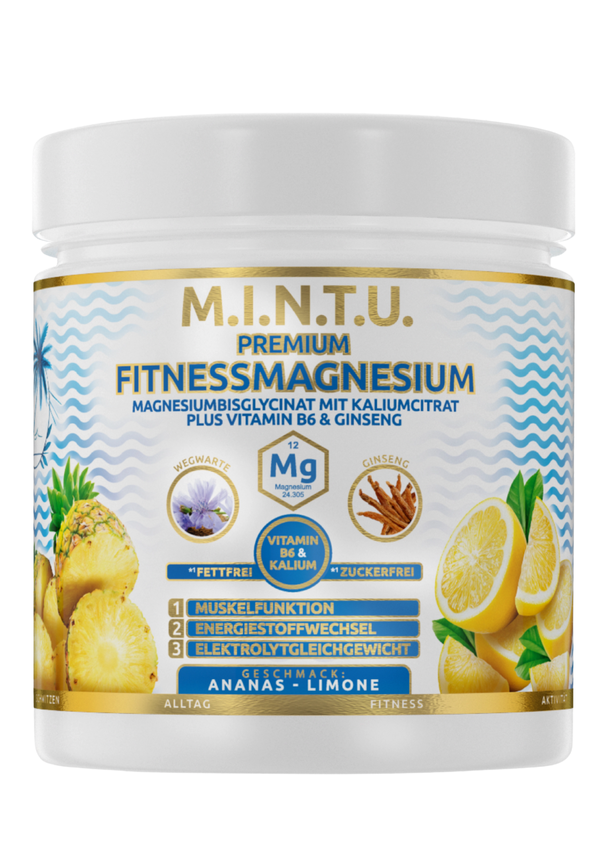 M.I.N.T.U. Premium Fitness Magnesium Ananas-Limone, freigestellte Produktdose