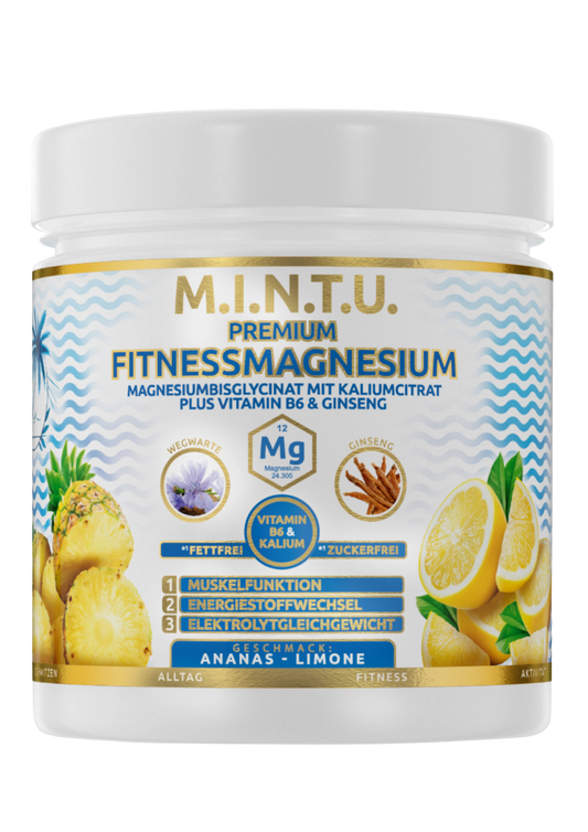 M.I.N.T.U. Premium Fitness Magnesium Ananas-Limone, freigestellte Produktdose