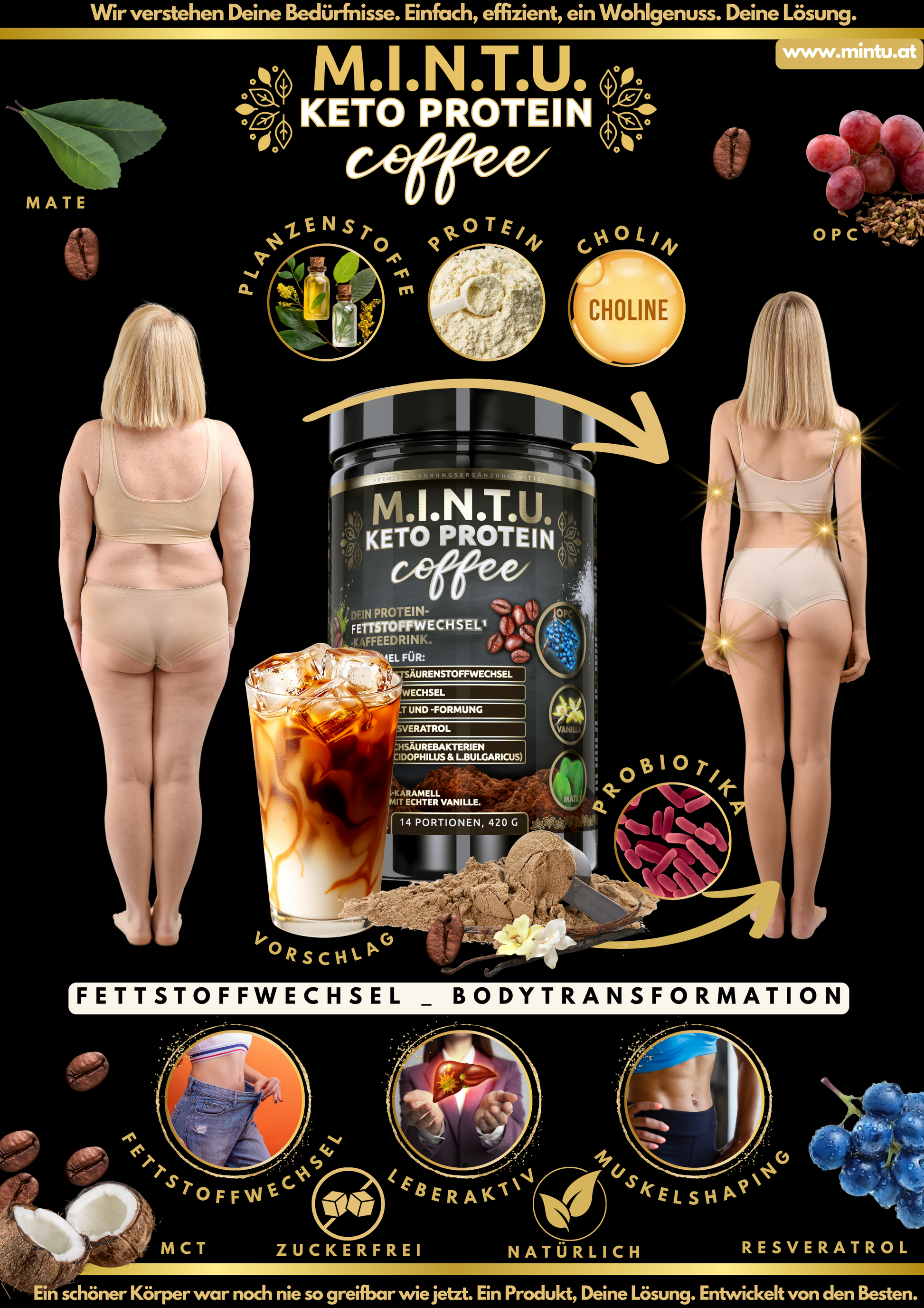 Protein-Kaffee für Bodytransformation mit MCT, Probiotika und Kaffee