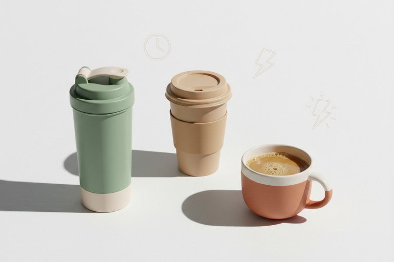 Vielseitige Anwendung von Protein-Kaffee – schnelle Zubereitung, to-go, Büro und Pre-Workout Nutzung visuell dargestellt.