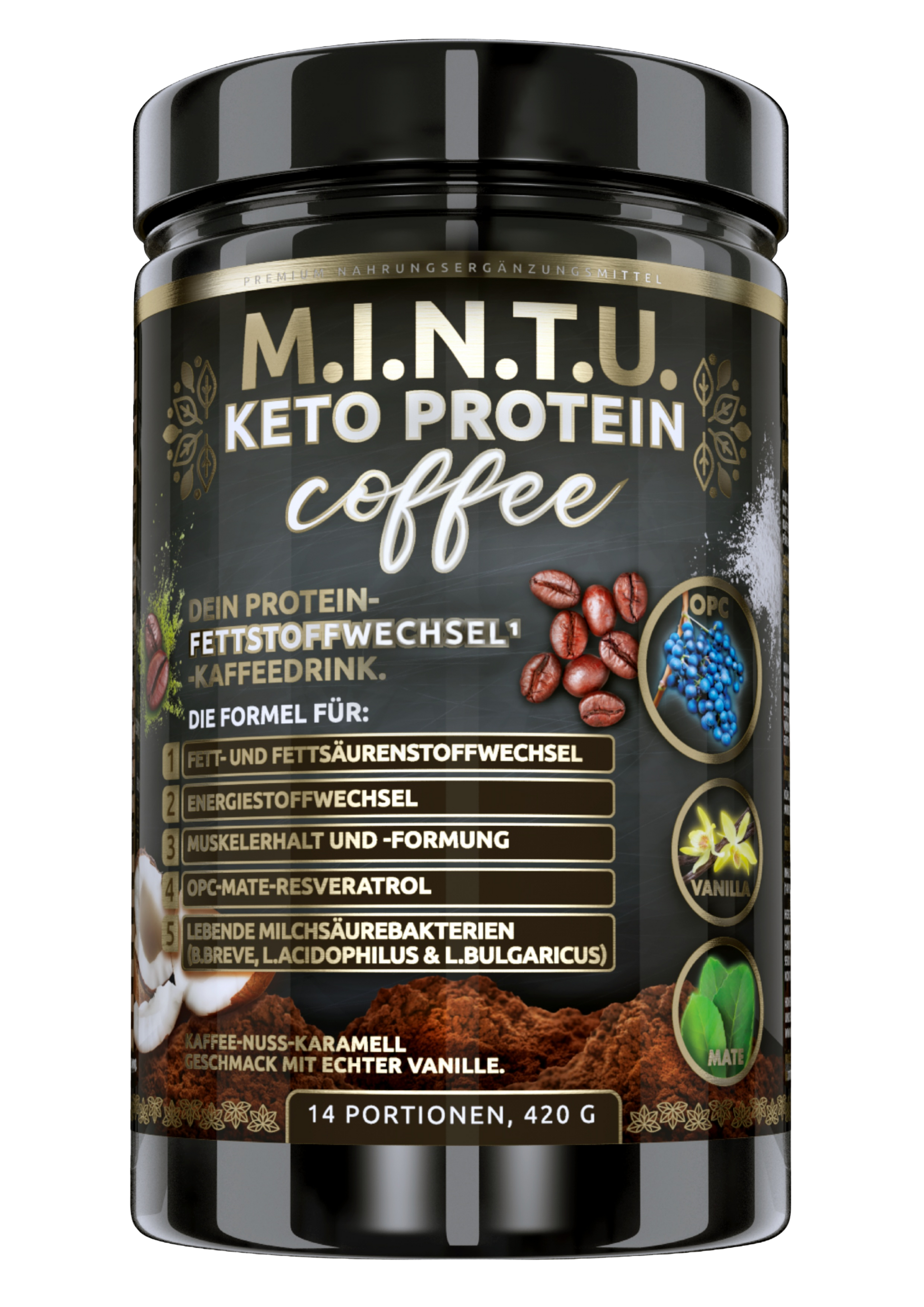 M.I.N.T.U. Keto Protein Coffee, freigestellte Produktdose