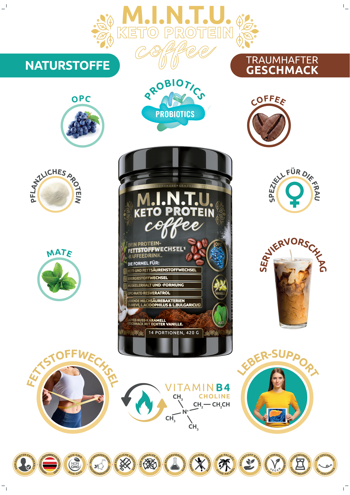 .I.N.T.U. Protein-Kaffee mit OPC, Probiotika, pflanzlichem Protein und Mate